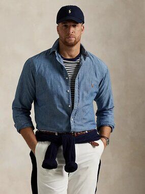 Polo Ralph Lauren Blue Indigo Chambray Shirt 2XLT Brown Pony Classic Preppy